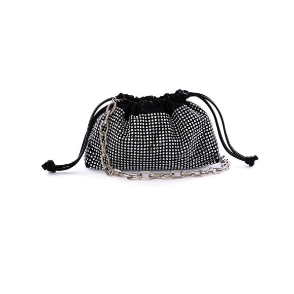 Jules Kae Black Satin Crystal Studded Chain Link Handled Clutch "Brea" NEW - Picture 4 of 5